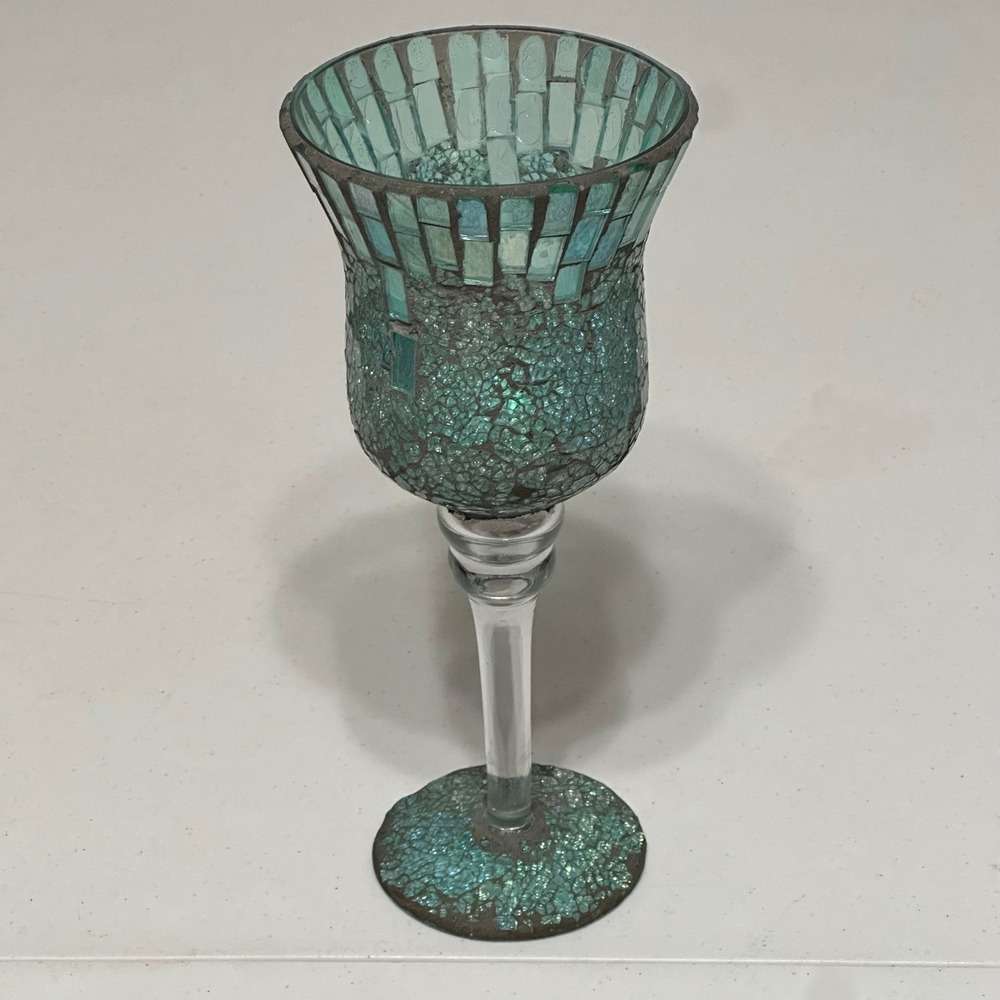 Mosaic Crackle Glass Stemmed Candle Holder Goblet Aqua Teal Iridescent Decor 12"